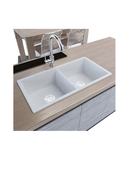 حوض مطبخ جرانيت 307 بعدد 2 عين مقاس خارجى 80 × 50 سم كل عين 40 سم بعمق 19 سم بفتحة خلاط وعدد 2 فتحة للصرف مقاس 3 بوصة اللون ابيض + خلاط مطبخ 360 اسود - كيان - للأدوات الصحية والديكورات الحديثة