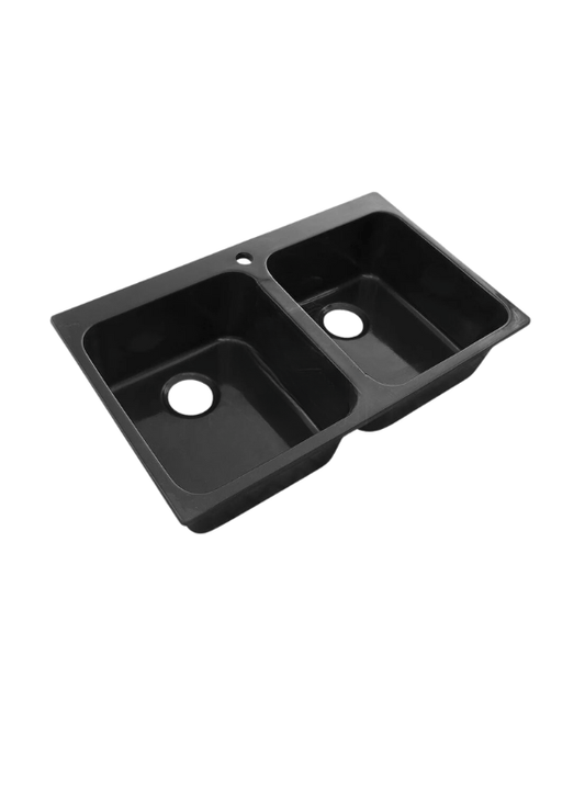 حوض مطبخ جرانيت 308 بعدد 2 عين مقاس خارجى 80 × 50 سم كل عين 40 سم بعمق 19 سم بفتحة خلاط وعدد 2 فتحة للصرف مقاس 3 بوصة اللون اسود استريس + خلاط مطبخ 360 اسود - كيان - للأدوات الصحية والديكورات الحديثة
