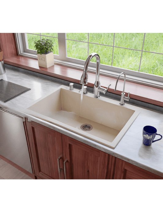 حوض مطبخ جرانيت 329 مقاس 70 × 50 سم بعمق 19 سم بفتحة للخلاط و بالصرف 3 بوصة اللون بيج+ خلاط حوض مطبخ 360 اسود - كيان - للأدوات الصحية والديكورات الحديثة