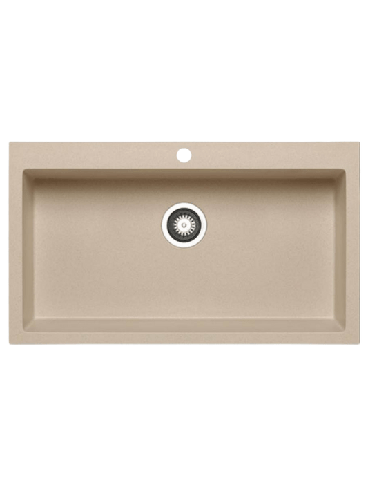 حوض مطبخ جرانيت 329 مقاس 70 × 50 سم بعمق 19 سم بفتحة للخلاط و بالصرف 3 بوصة اللون بيج+ خلاط حوض مطبخ 360 اسود - كيان - للأدوات الصحية والديكورات الحديثة