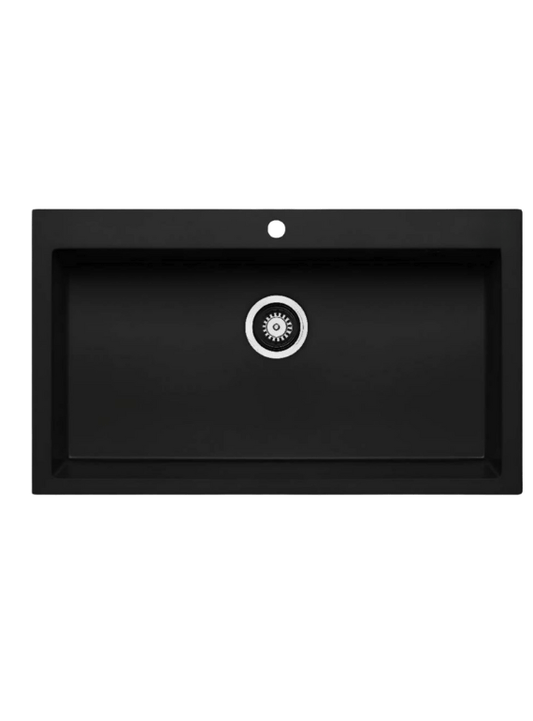 حوض مطبخ جرانيت 332 مقاس 70 × 50 سم بعمق 19 سم بفتحة للخلاط و بالصرف 3 بوصة اللون اسود + خلاط حوض مطبخ 360 اسود - كيان - للأدوات الصحية والديكورات الحديثة