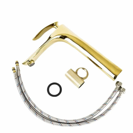 خلاط حوض ديكور 3002G بقنطرة عالية بإرتفاع 25 سم و بطول 18 سم و مقبض مسلوب اللون ذهبى منتج مستورد بتصميم ألمانى كود المنتج 399 - كيان - للأدوات الصحية والديكورات الحديثة