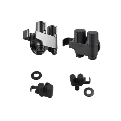 محبس الزاوية الألماني بالحامل والشطاف و الخرطوم بمخرجين نصف بوصة و 2 مقبض تحكم باللون الاسود قلب نص لفة كود المنتج 597 - كيان - للأدوات الصحية والديكورات الحديثة