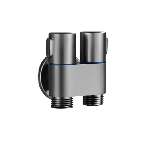 محبس الزاوية الألماني بمخرجين نصف بوصة و 2 مقبض تحكم باللون الاسود قلب نص لفة كود المنتج 599 - كيان - للأدوات الصحية والديكورات الحديثة