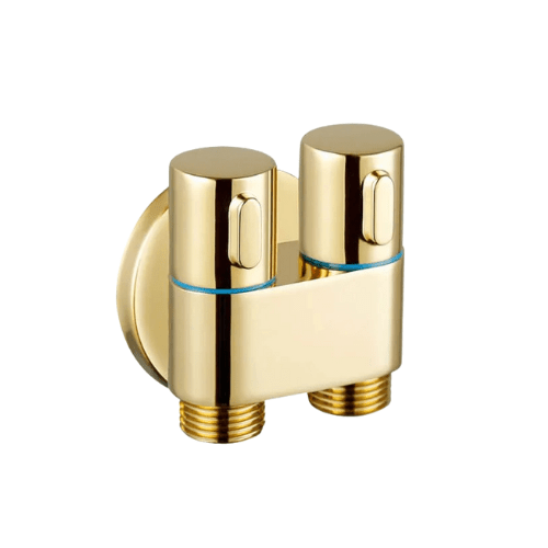 محبس الزاوية الألماني بمخرجين نصف بوصة و 2 مقبض تحكم باللون الذهبي قلب نص لفة كود المنتج 598 - كيان - للأدوات الصحية والديكورات الحديثة