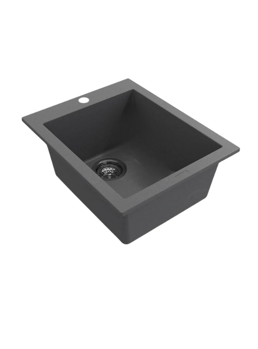 ( طلب مسبق ) حوض مطبخ جرانيت 310 مقاس 50 × 40 سم بفتحة للخلاط و بالصرف 3 بوصة اللون رمادي مط + خلاط حوض مطبخ اسود 360 درجة - كيان - للأدوات الصحية والديكورات الحديثة