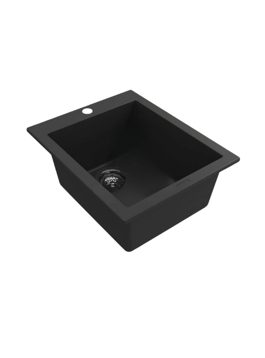 ( طلب مسبق ) حوض مطبخ جرانيت 313 مقاس 50 × 40 سم بفتحة للخلاط و بالصرف 3 بوصة اللون اسود + خلاط حوض مطبخ اسود 360 درجة - كيان - للأدوات الصحية والديكورات الحديثة