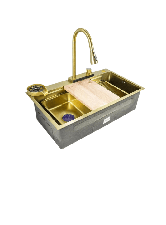 ( طلب مسبق ) حوض مطبخ سمارت 334 مقاس 75 × 46 سم بخلاط شداد و خلاط شلال وقورمة و ضاغط صابون و مغسلة أكواب و الصرف اللون جولد - كيان - للأدوات الصحية والديكورات الحديثة