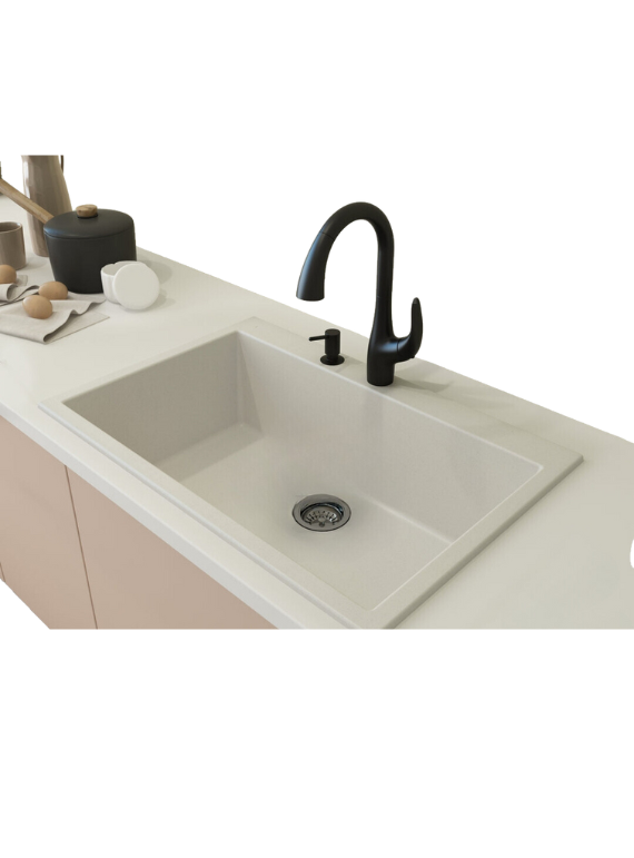 ( طلب مسبق ) حوض مطبخ جرانيت 625مقاس خارجى 80× 50 سم مقاس داخلى 75× 40 سم بعمق 20 سم بفتحة للخلاط و بالصرف 3 بوصة اللون ابيض + خلاط اسود مط