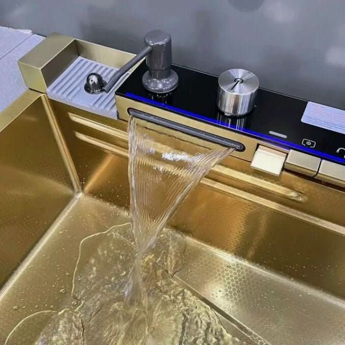 ( طلب مسبق ) حوض مطبخ سمارت ديجيتال 5 ازرار 333 بخلاط شداد 3 نظام و 2 خلاط شلال بحنفية فلتر بالصرف 3 بوصة اللون ذهبى - كيان - للأدوات الصحية والديكورات الحديثة