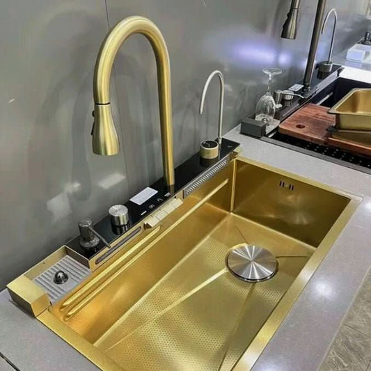( طلب مسبق ) حوض مطبخ سمارت ديجيتال 5 ازرار 333 بخلاط شداد 3 نظام و 2 خلاط شلال بحنفية فلتر بالصرف 3 بوصة اللون ذهبى - كيان - للأدوات الصحية والديكورات الحديثة